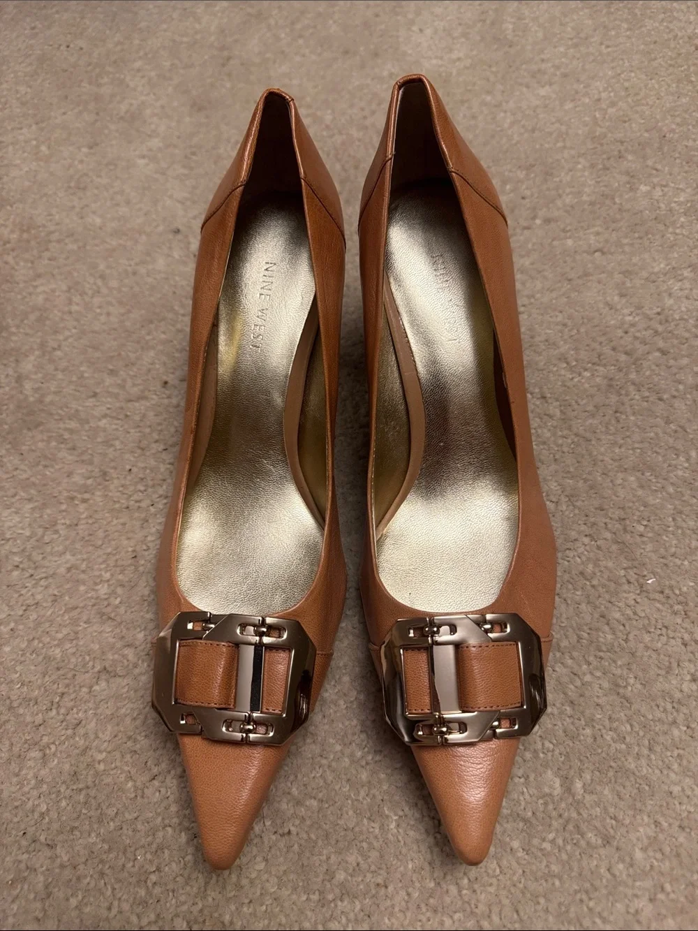 Nine West Cognac Pointed-Toe Buckle Pumps